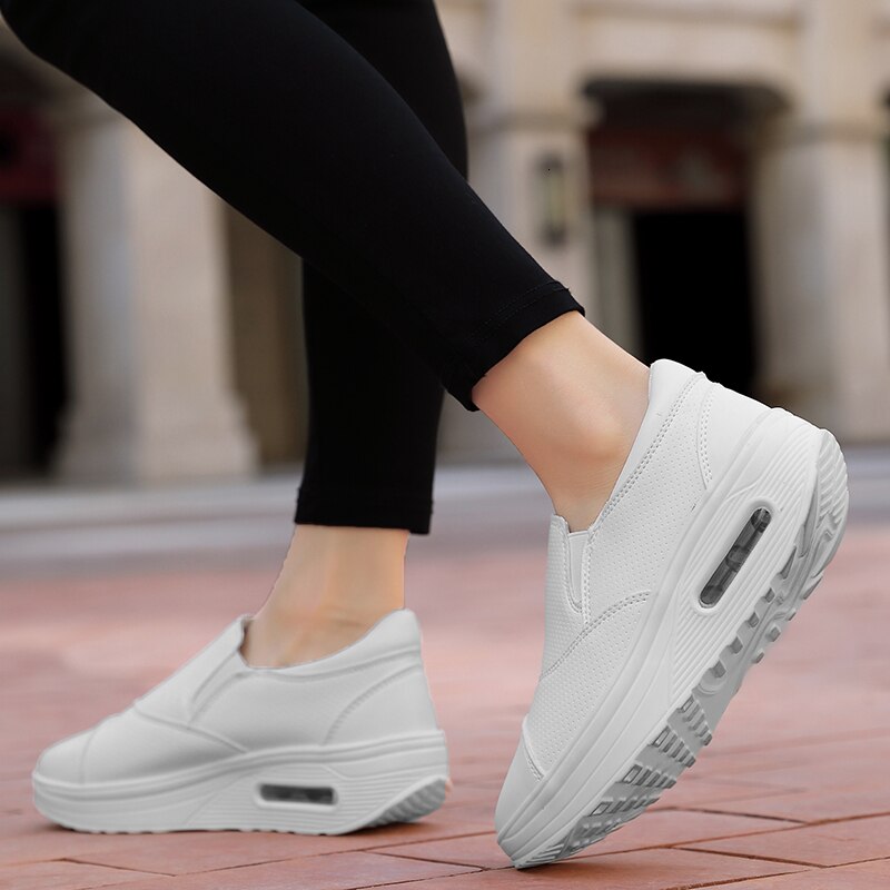 Waterproof Leather Platform Sneakers Women Air Cushion Swing Shoes White Nurse Shoes Slip-resistant Plus Size 42 Fitness Shoes