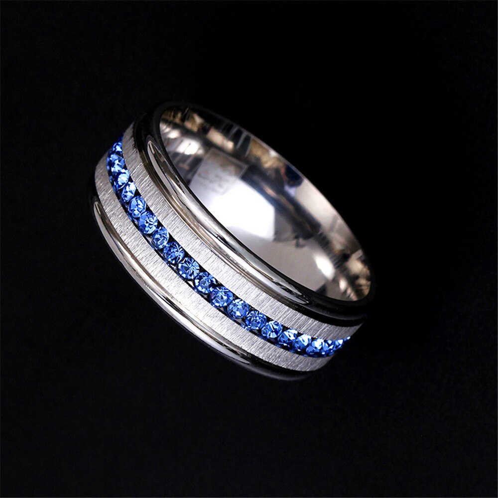 Loredana-Anillo de boda con tiras largas clásicas de 8mm para hombre y mujer, sortija de circón azul, joyería de acero inoxidable 316L