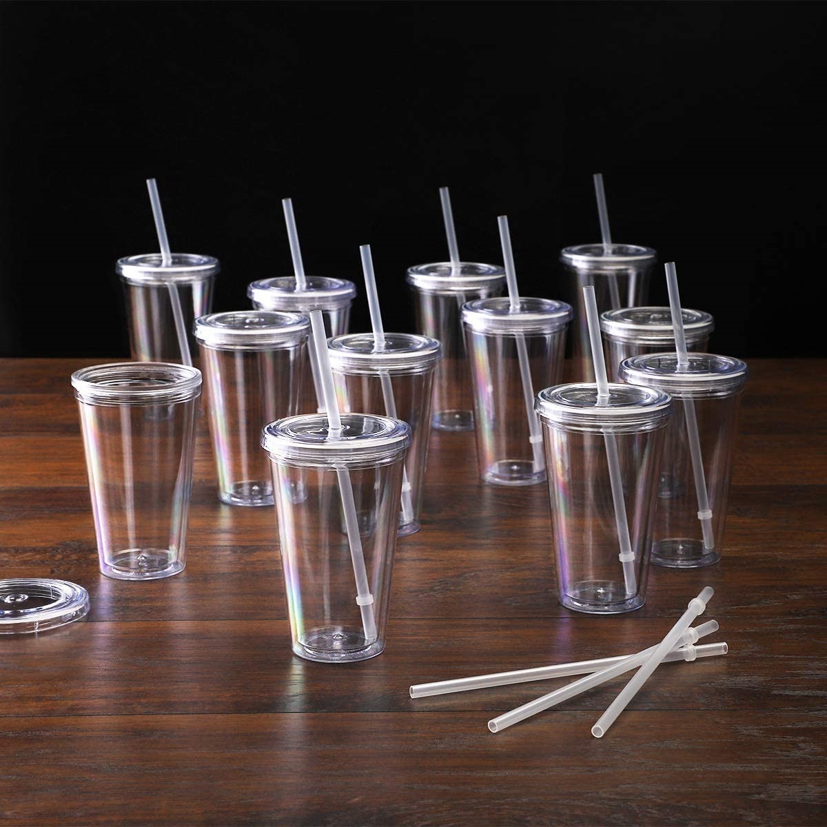 16oz/22oz återanvändbara rese-iskaffe muggar dubbelvägg isolerande klara plastglas med lock och sugrör 1 st ,3 st ,12 st/set