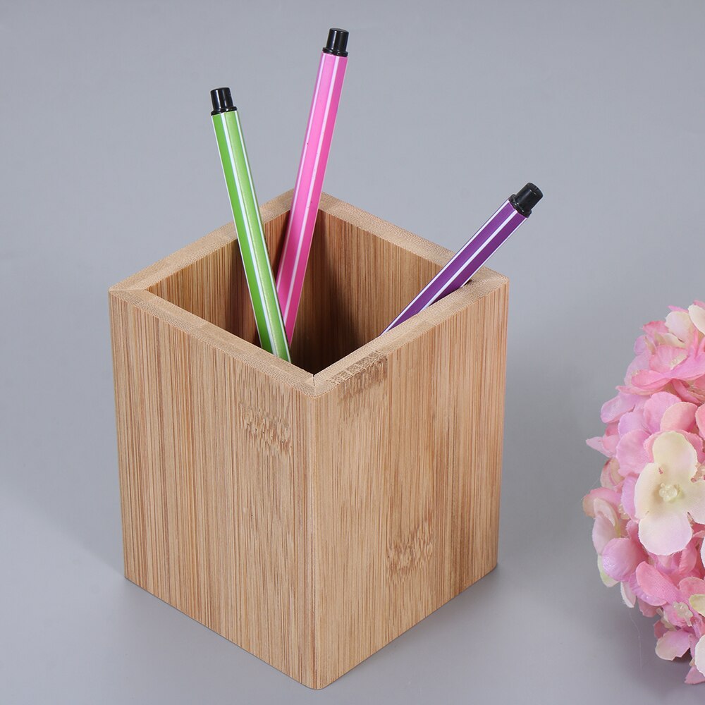 Bamboo Box Pen Pencil Holder Makeup Brush Storage Office Desktop Stationery Organizer Square Container Pen Holder