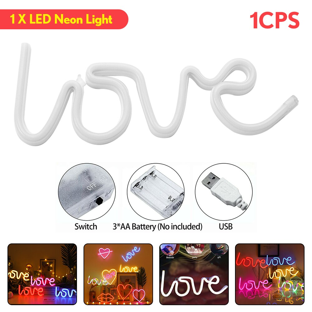 Romantic LOVE Letters LED Night Light USB Charging Home Decor Neon Lamp USB Charging battery box lamp Home led night lamp: Pink A 1.9 W