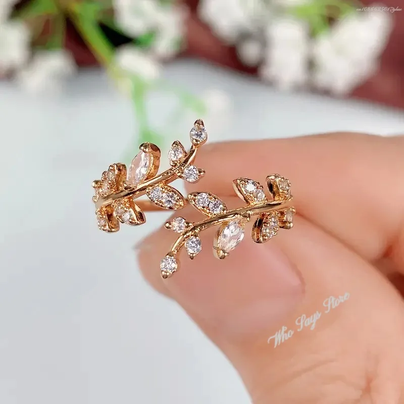 Anillos de apertura de hoja de olivo a la para mujer con incrustaciones de circonia cúbica brillante, accesorios simples y elegantes para dedo, de para chica, Nueva joyería Jahльца