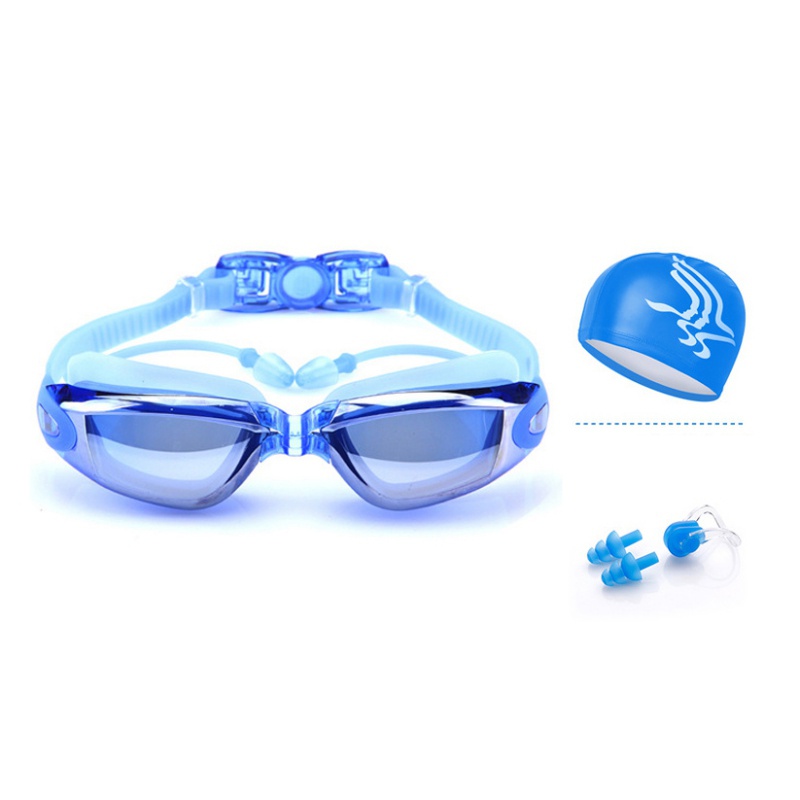 Cooling Swimming Goggles Hat Ear Plug Nose Clip Waterproof Swim Glasses Anti-fog UV Sport Swim Eyewear Set: 2