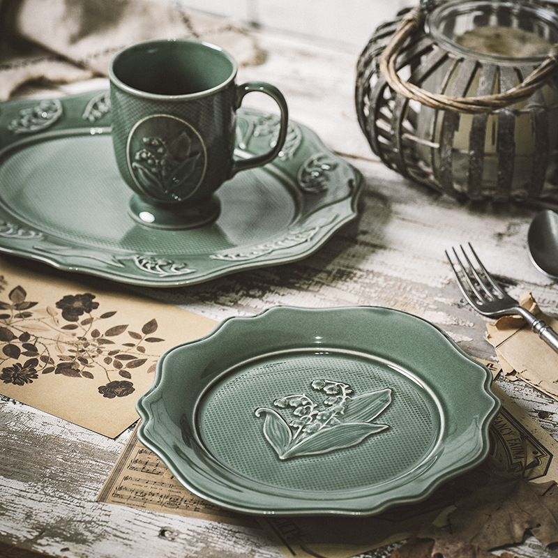 Retro Ceramic Plate Sets French Lily of The Valley Relief Dinner Set Plates and Dishes Western Restaurant Desktop Steak Dish