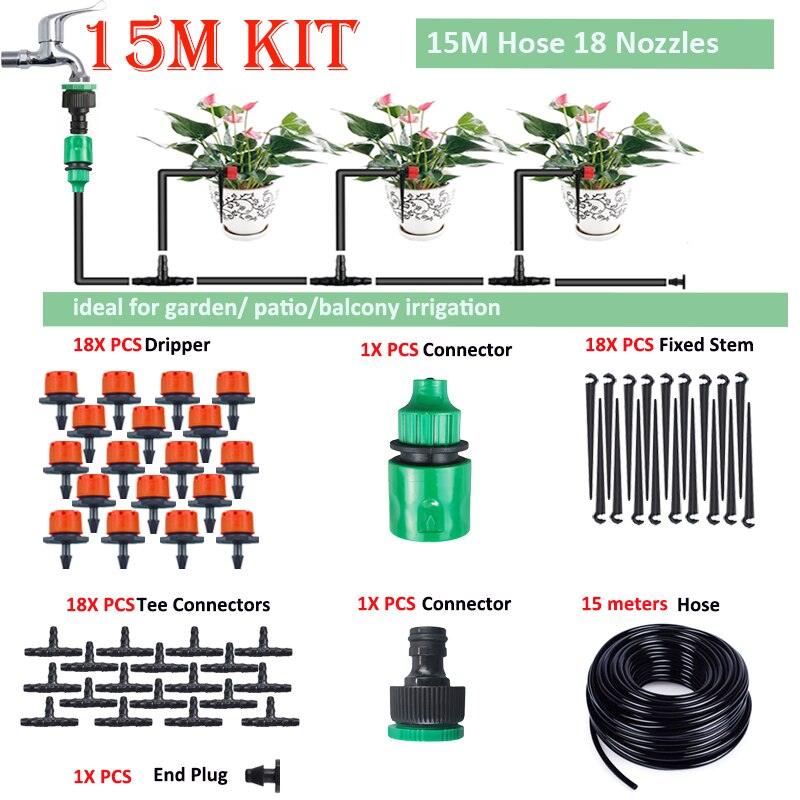 Red Drip Irrigation Kit Garden Watering Irrigation System For Garden Greenhouse Lawn And Hanging Baskets: 15M kit