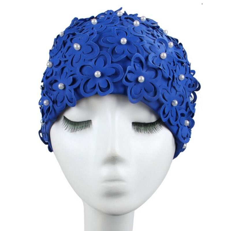 Oorbescherming voor dames, badmuts, handgemaakt, waterdicht, elastisch, badmuts met bloemblaadjes, voor dames met lang haar.: Blauw