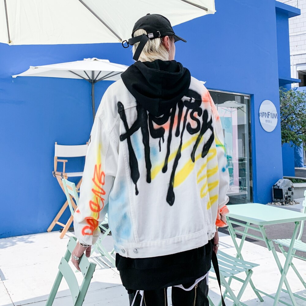 Graffiti Print Wit Denim Jassen Streetwear Hip Hop Casual Punk Rock Jeans Jas Jassen Uitloper Hipster Tops WQ173