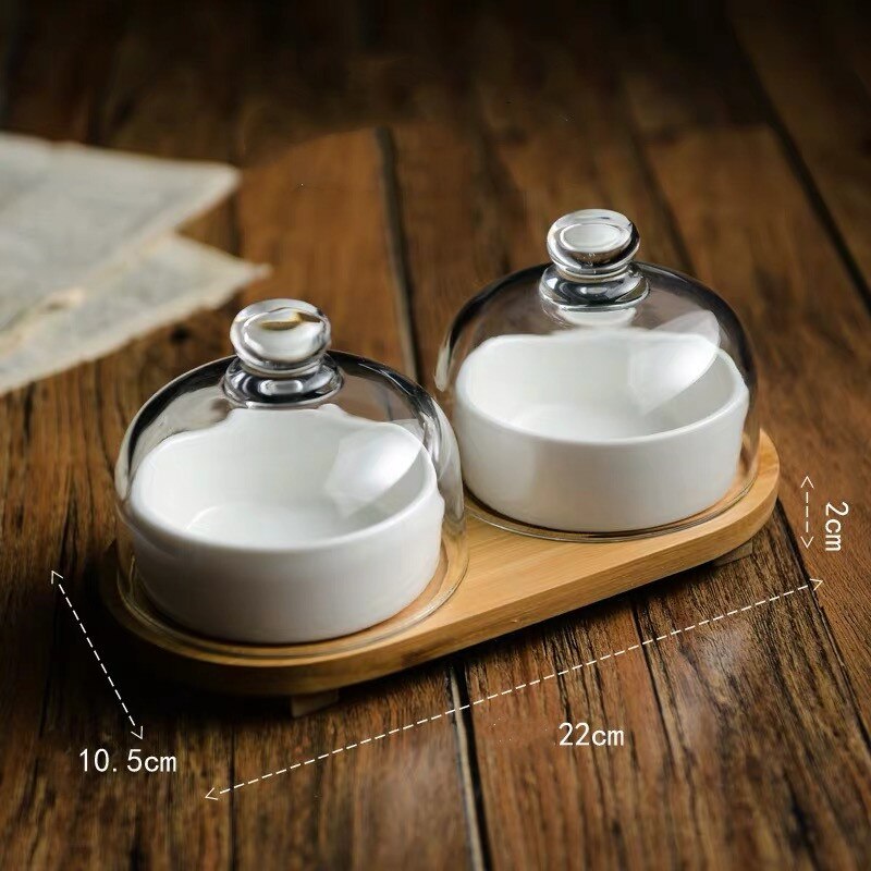 Nordic Ceramic Dessert Bowl Snack Dish Taste Fruit Plate Salad Ice Cream Bowl with Bamboo Tray Glass Cover Tableware: 2pcs-120ml A
