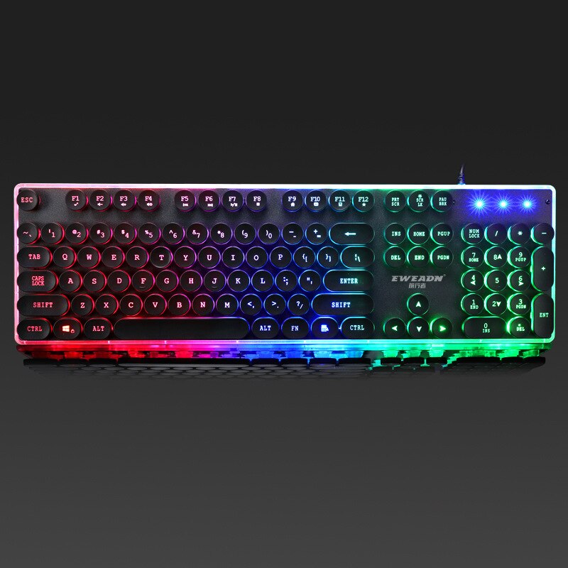 Wired Gaming Keyboard Retro Round Glowing Keycap Metal Panel Backlit USB 104 Keycaps For Computer Tablet Desktop Game Keyboards: Black Colored light