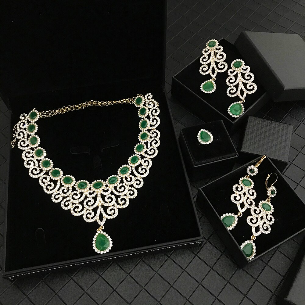 Luxurious Shine Bride Zircon Set Vintage French Wedding Dress NecKLace Earring brooch Ring for Women Jewelry Set: glod green