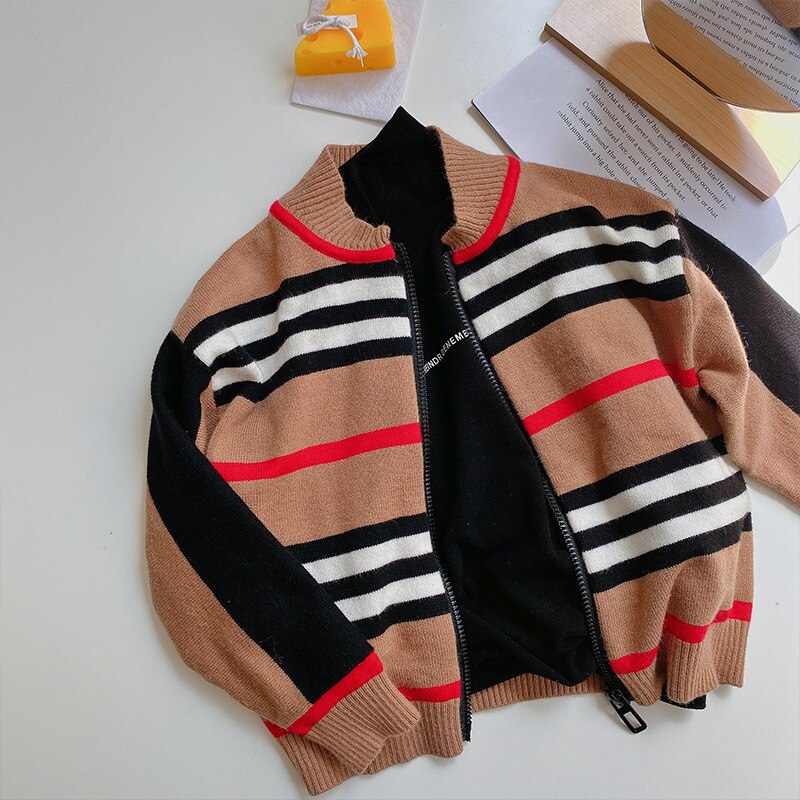Børne cardigan efterår / vinter drenge og piger stribet strik cardigan baby rund hals uld lynlås sweater