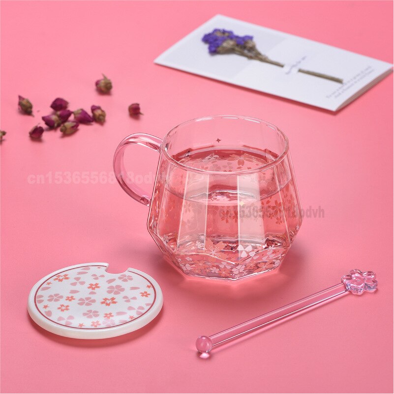 Sakura diamantkopp glas vattenkopp med handl rosa söt omrörningskopp kaffe klart glas