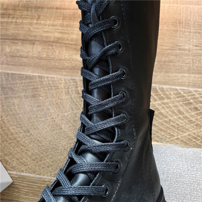 Plate-forme Bottes Mi-mollet Bottes En Cuir pour Femme À Lacets Chunky Semelle Bottes Femmes Chaussures D'hiver