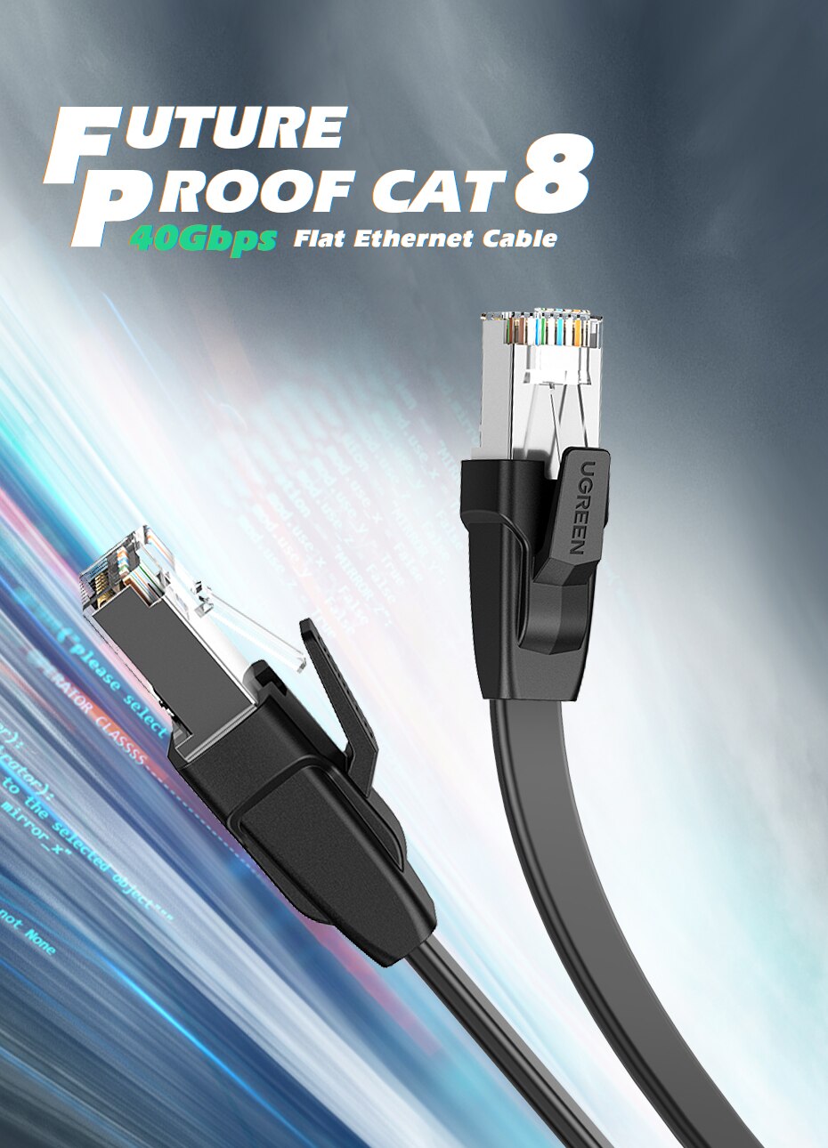 Ugreen ethernet kabel cat 8 40 gbps flad  rj 45 lan patch ledning til  ps 4 router bærbare computere modem  rj45 leder netværk cat 8 kabel ethernet