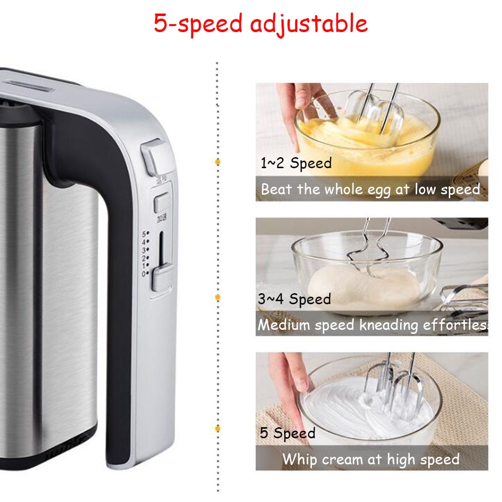 High Electric Hand Mixer 5-Speed 500W Stainless Steel Spiral Kneader Kitchen Food Dough Blender With 2Egg Beaters 2 Dough Hooks