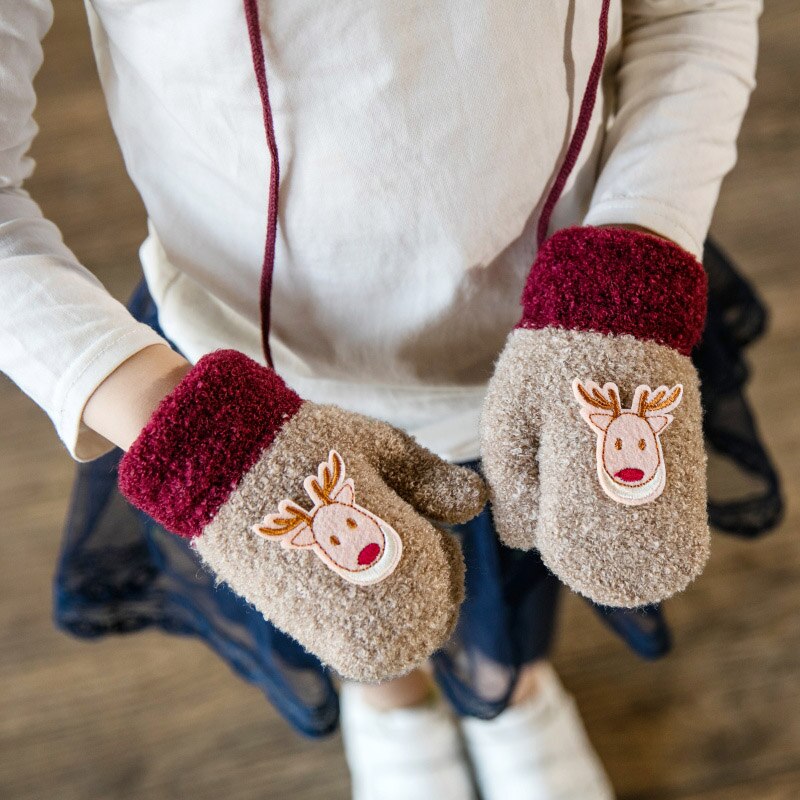 Belle 1-3 ans enfants hiver dessin animé papier cerf tricot mitaines garçon/filles épaissir velours tricot enfants doux gant A23: khaki