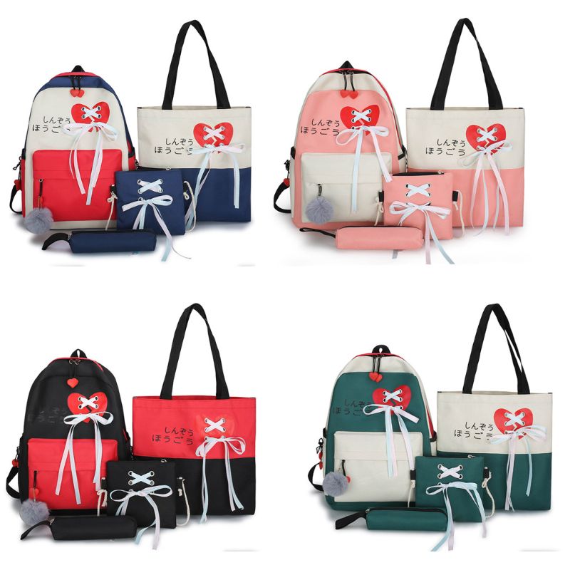 4pcs Canvas School Backpack Daypack Ribbon Shoulder Bags Handbag Pencil Case Set A69C