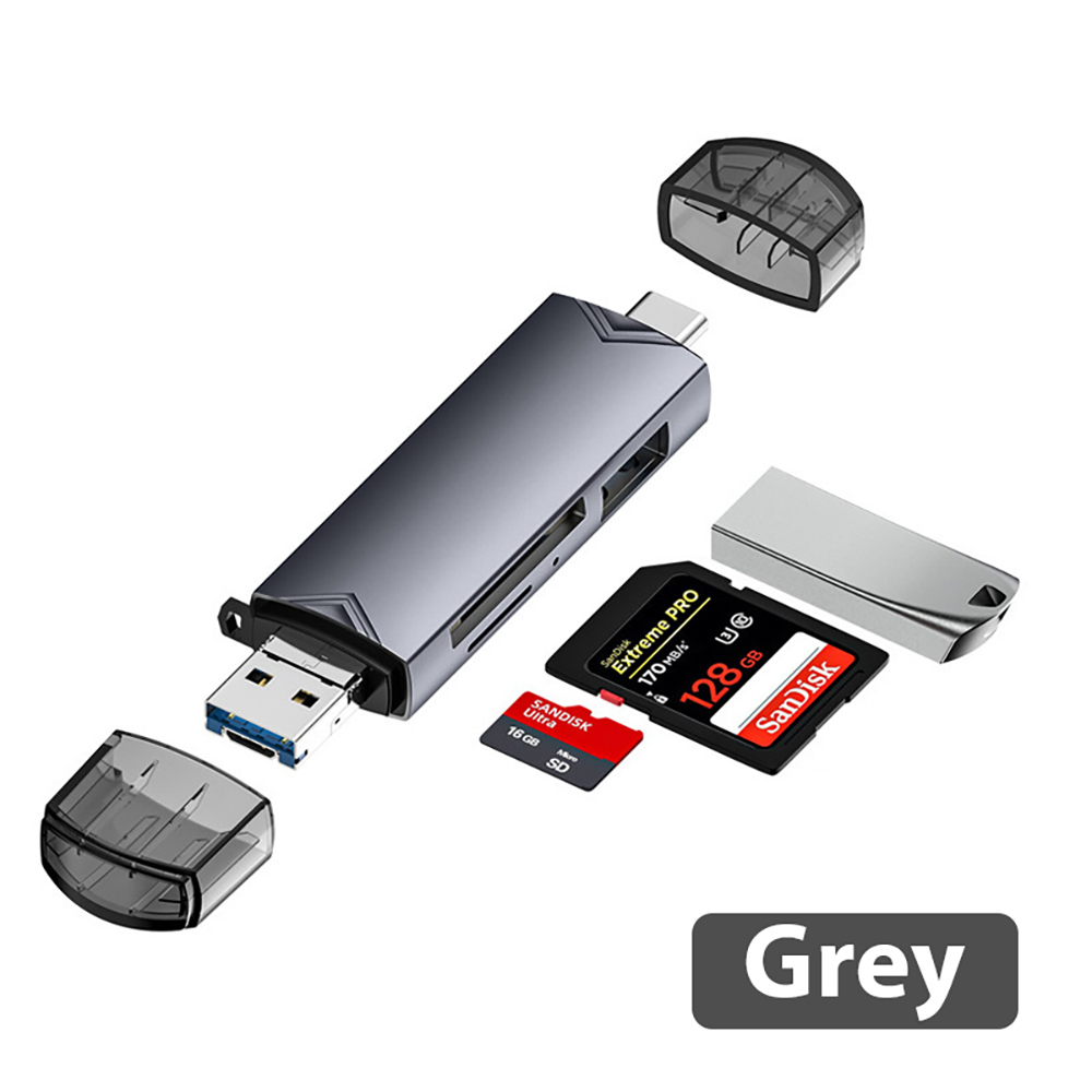 USB 3.0 6 in 1 Multi Functional Card Reader Tpye C Micro USB U DriveTransfer Universal Speed Transmission Mobile Phone Notebook: grey
