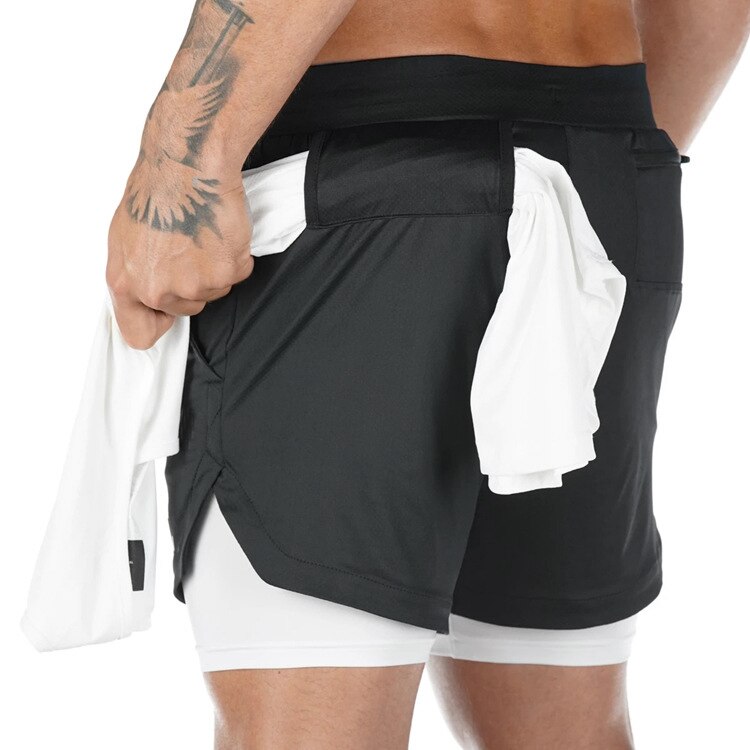 Men's Yoga Training Quick Dry Running Shorts 2 in 1 Sports Jogging Fitness Shorts (Black & Grey L)