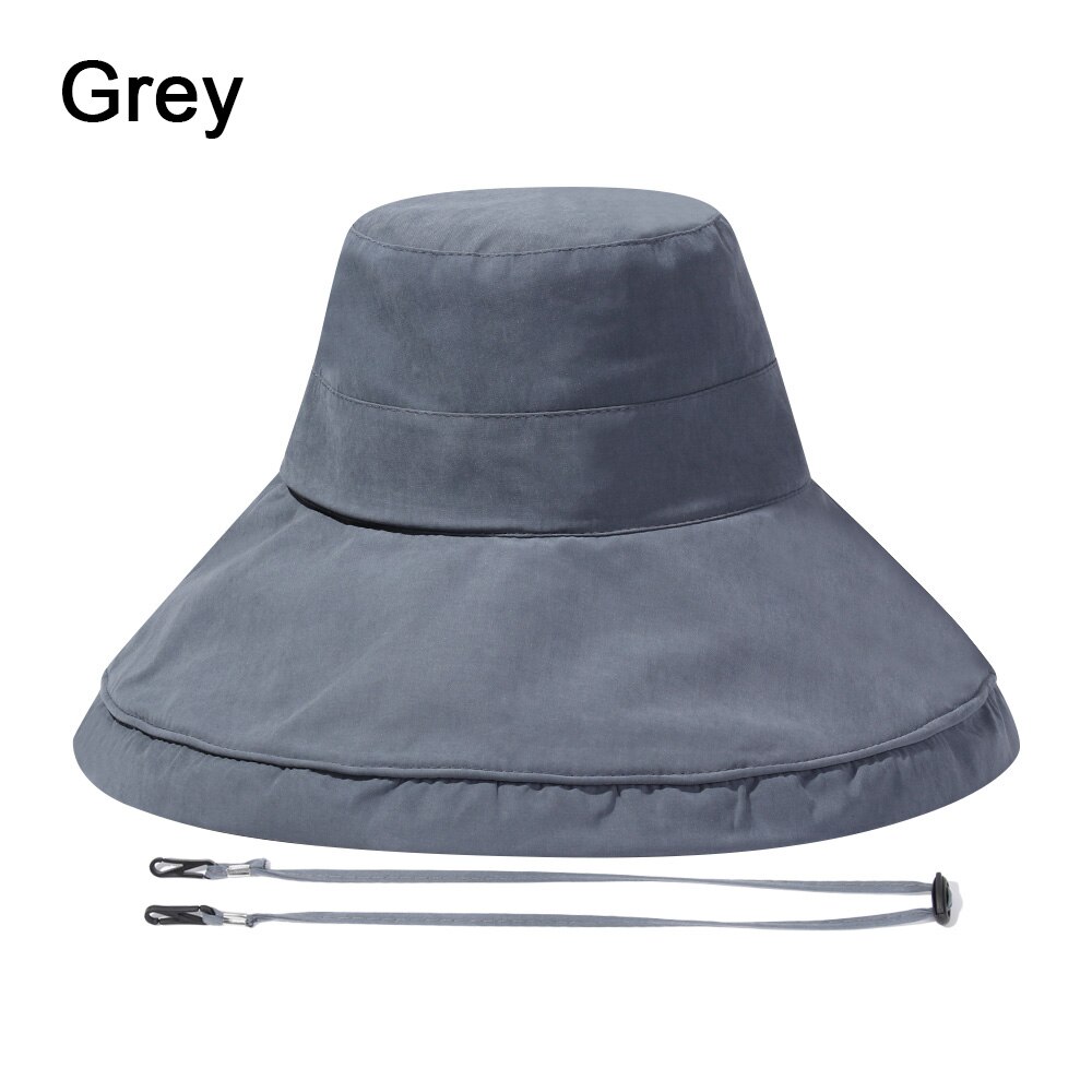 Women Bucket Hat Foldable Portable Outdoor Anti-UV Beach Sun Hat Big Visors With Windproof Rope Spring Summer Fisherman Cap: grey