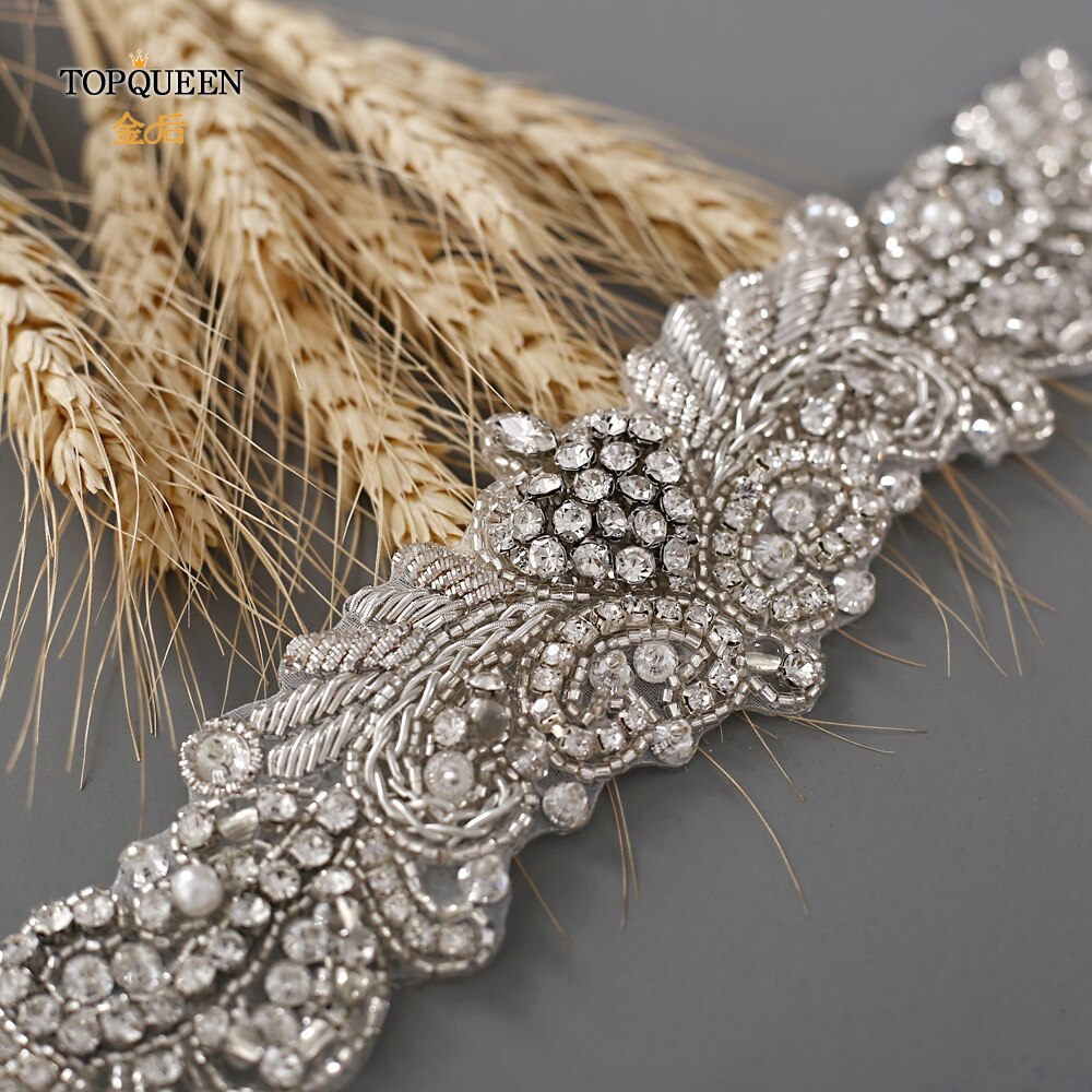 TOPQUEEN S375-S Wedding Dress Belts Bridal Waist Belt Dress Satin Ribbon Belt Indian Beaded Belt Luxury Rhinstone Dress Belts