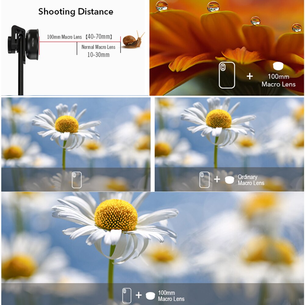 APEXEL APL-HB100mm Universal Smartphone Macro Lens 4K HD Phone Camera Lens No Distortion Blurry Background Compatible for iPhone
