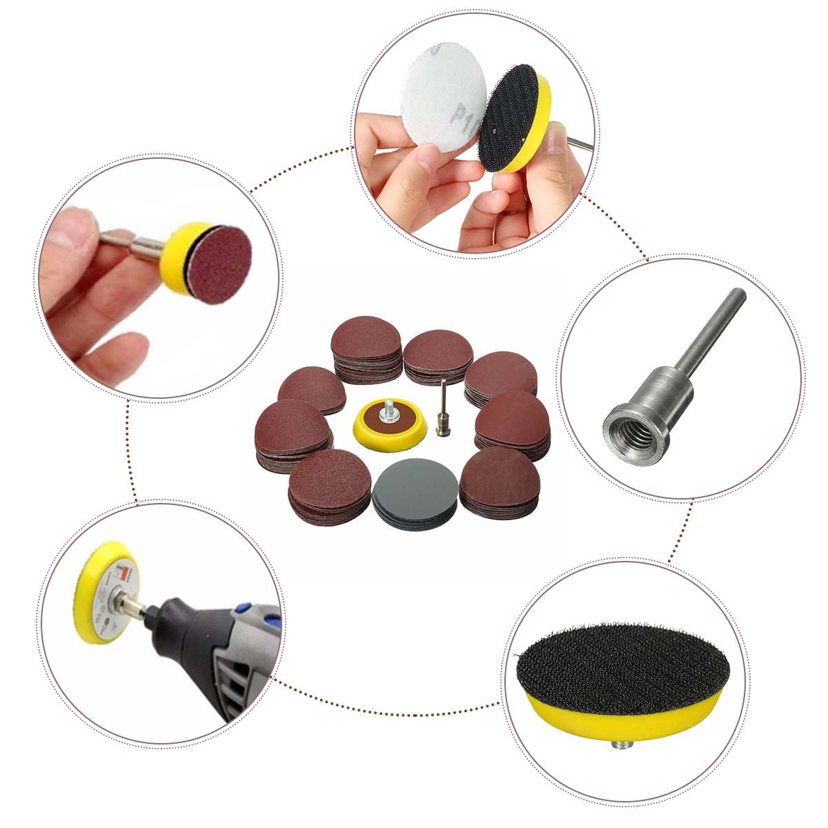 Papel de lija de 25mm/1 pulgada + 1 Uds. Placa de respaldo de bucle de gancho de 1 pulgada vástago de 1/8 pulgadas + 1 Uds. Almohadilla de lijado de bucle, abrasivos, pulido mixto, 100 Uds.