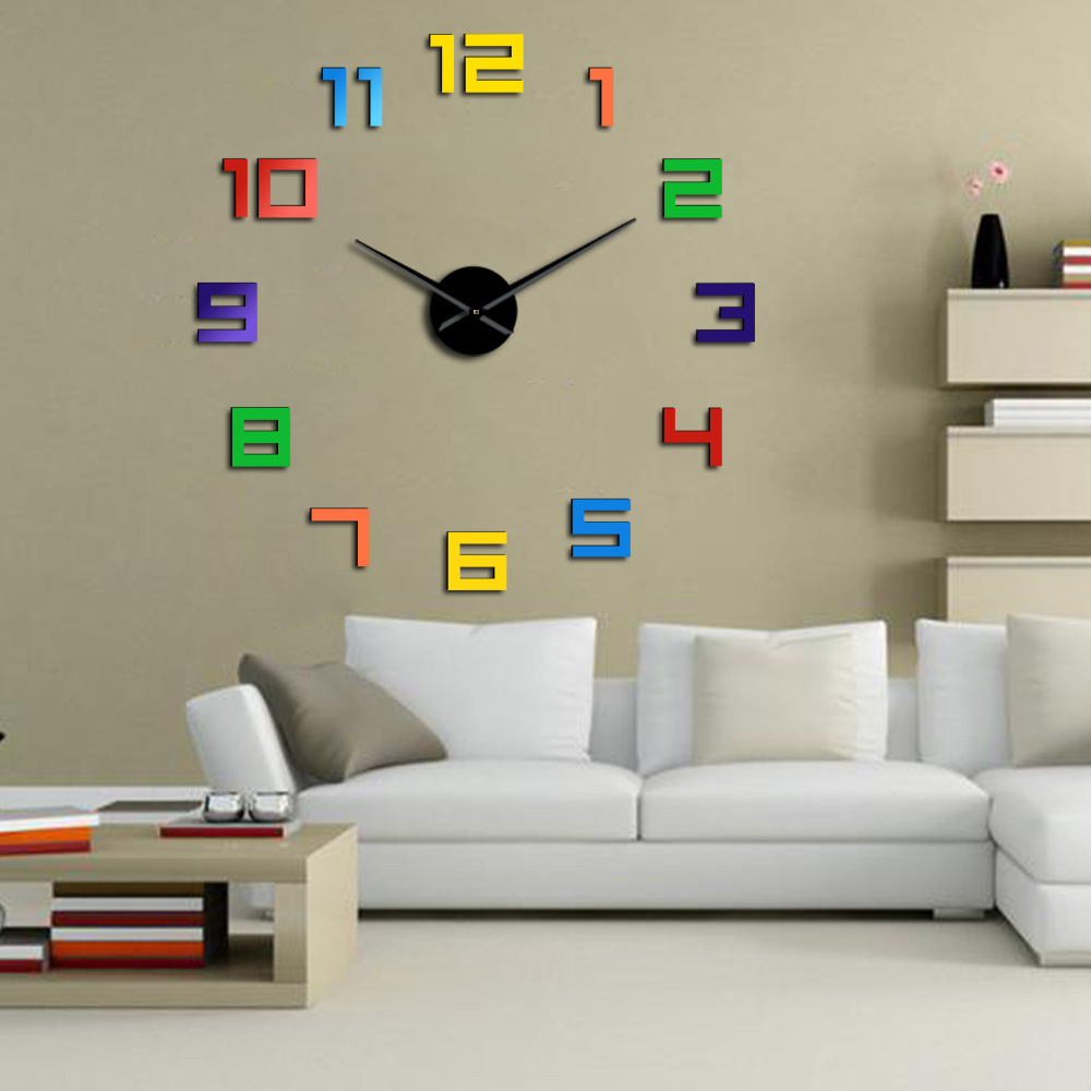 Numéros colorés sans cadre bricolage horloge murale couleurs arc-en-ciel montre géante multicolore acrylique bricolage grands numéros horloge de décoration intérieure