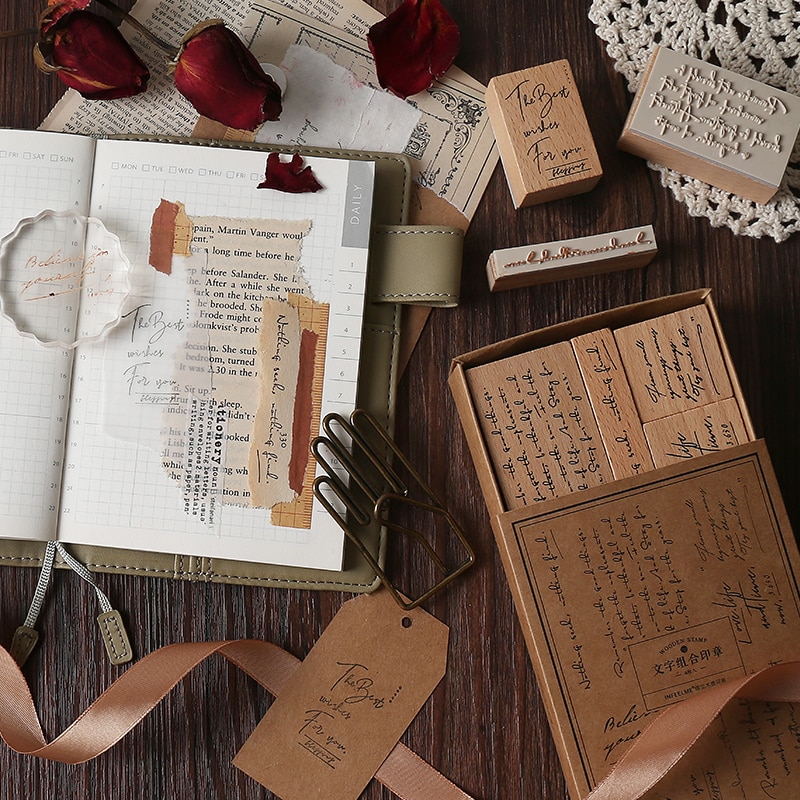 8 stks/set Vintage Engels krant tekst stempel DIY houten stempels voor scrapbooking briefpapier scrapbooking standaard stempel
