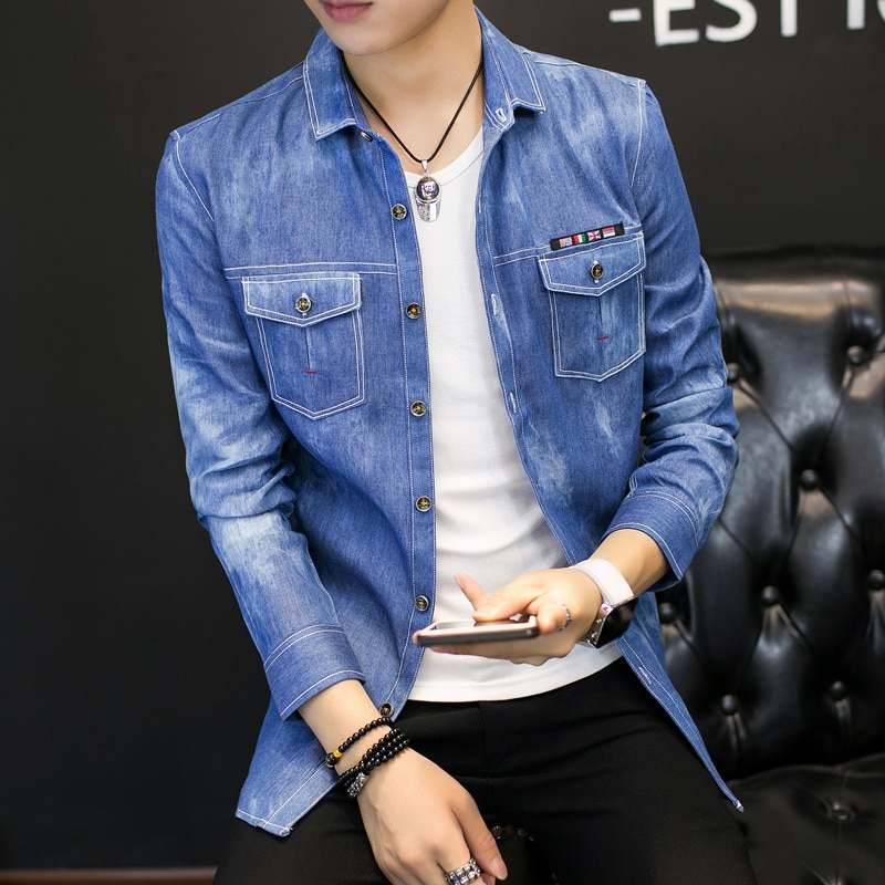 Jeansskjorta herr snygg casual slim fit herr långärmade skjortor solid bomull fram dubbelficka jeansskjortor herr
