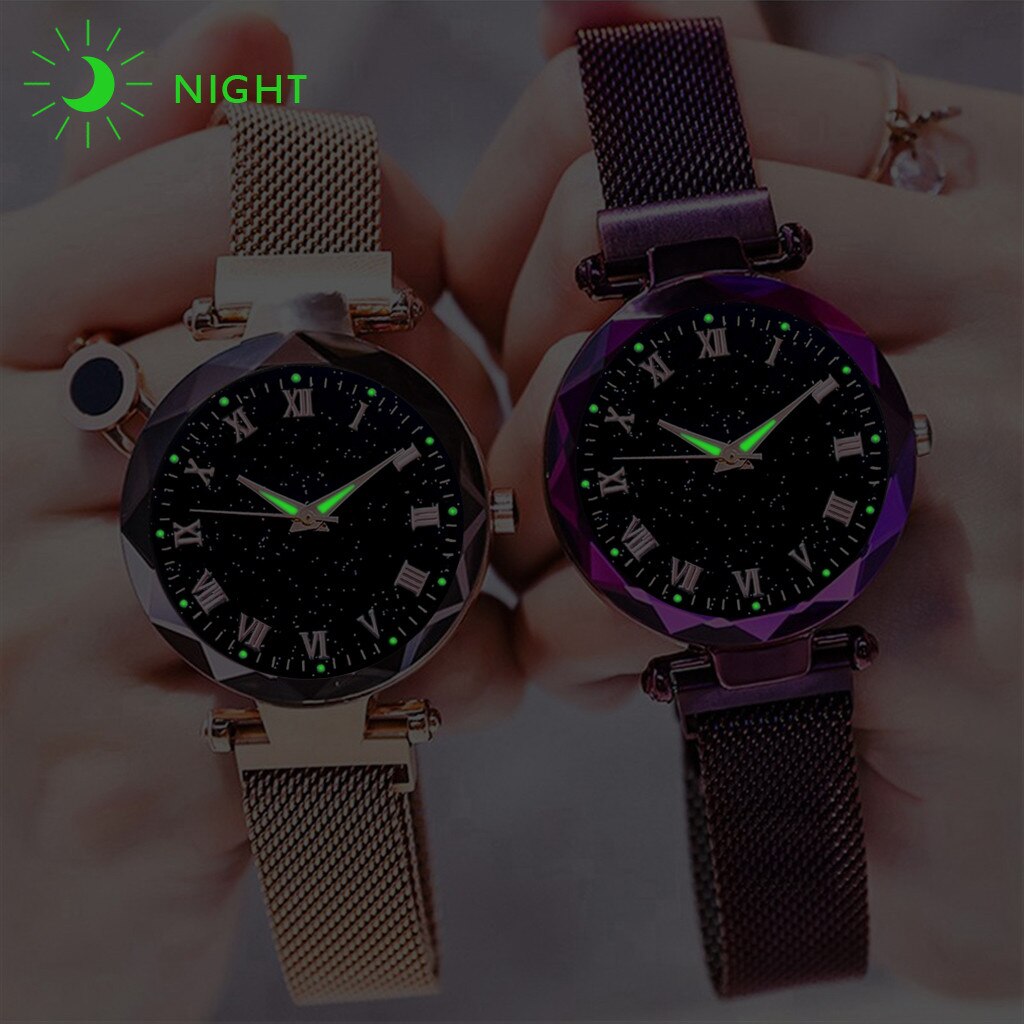 Vrouwen Horloge Luxe Starry Dial Crystal Rvs Mesh Magnetische Riem Dames Quartz Horloge Vrouwen Lichtgevende Handen Horloges