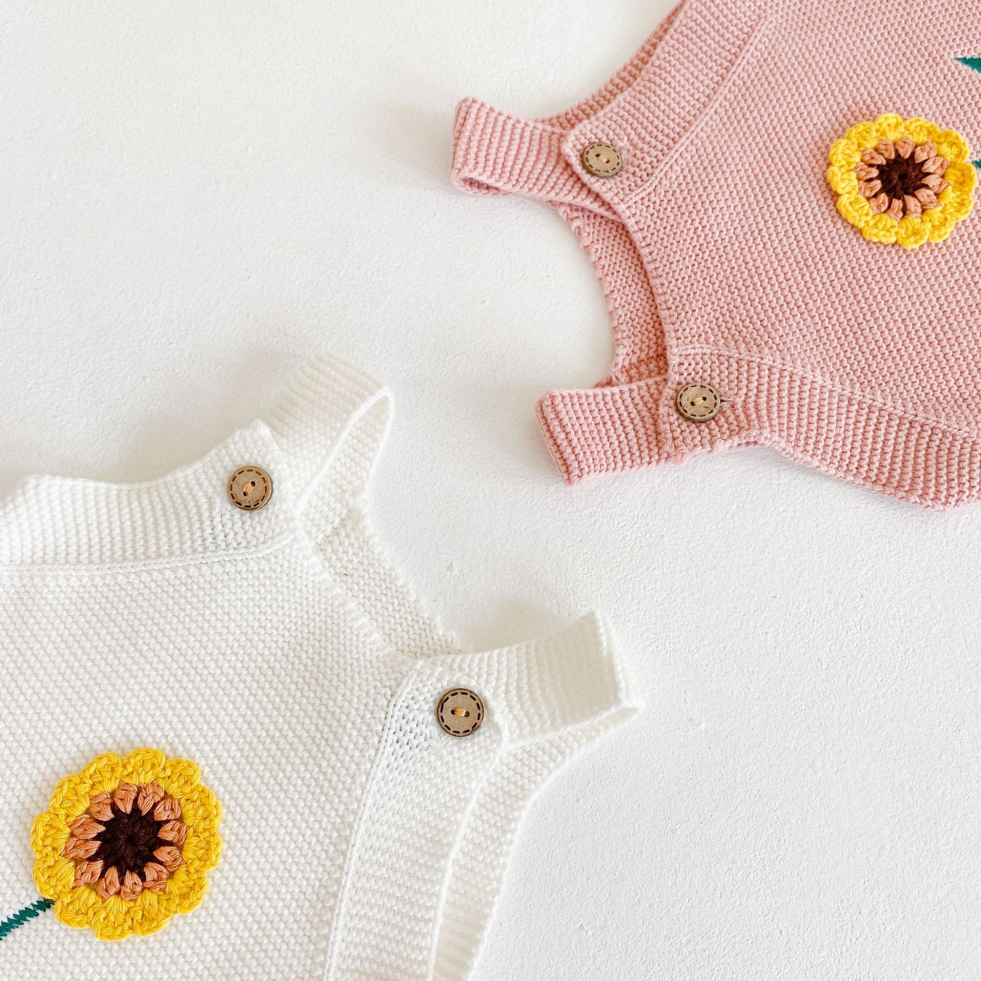 Nyfødt baby pige dreng strikket body solsikke print ærmeløs jumpsuit børn strik overalls efterårs baby tøj
