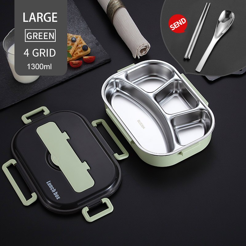 304 Roestvrij Staal Lunchbox Japanse Bento Doos Met Compartimenten Voor Kinderen Magnetron Voedsel Container Met Servies Set: 1300ml 4 Grid Green