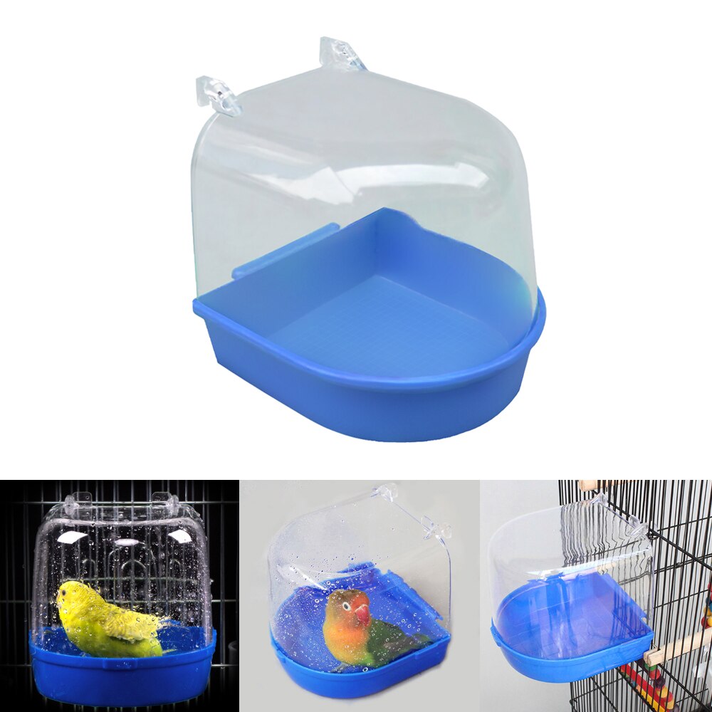 1pc plast fugl vandbad boks badekar papegøje til undulat lovebird fugl kæledyr bur hængende skål parakit fuglbad: Blå