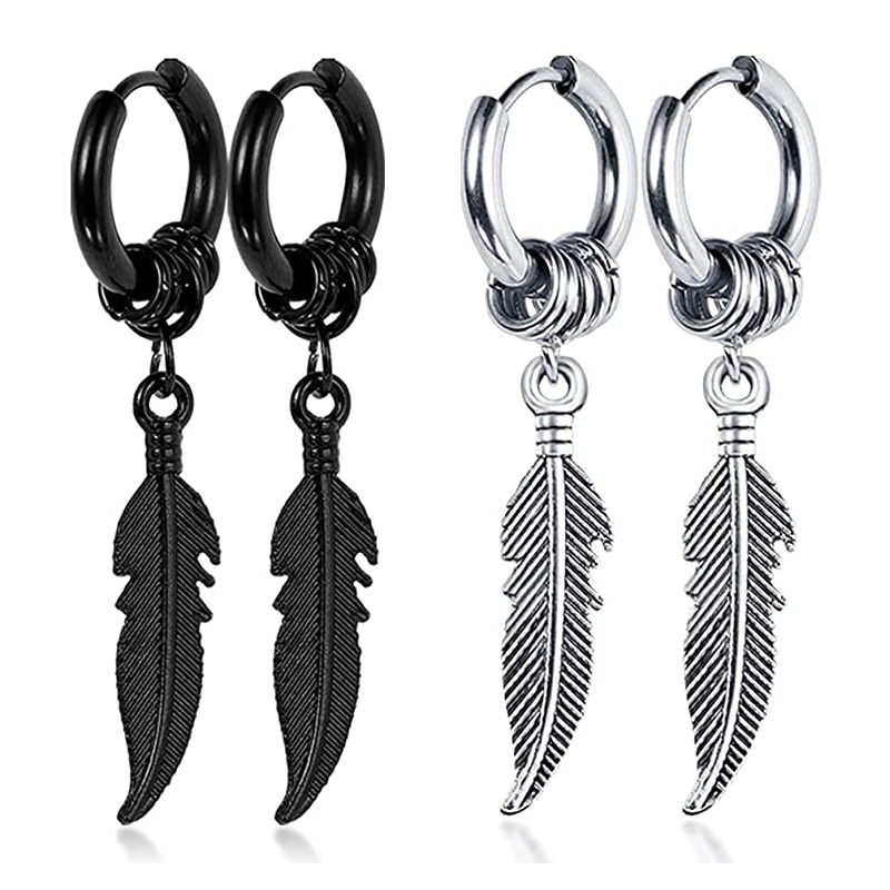 2 Pairs Cross Feather Stud Oorbellen Punk Rock Stijl Voor Vrouwen Mannen Roestvrij Staal Hiphop Oor Sieraden