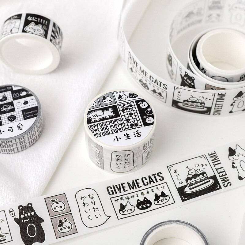 Lille verden serie sort og hvid sød washi tape kawaii klæbebånd japansk diy scrapbooking maskeringstape kawaii dekoration