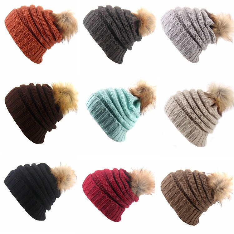 Winter Hat Casual Beanies Women Warm Knitted Winter Hat Solid Beanie Hat Wool Fur Bobble Ball Pompom Outdoor Equipment