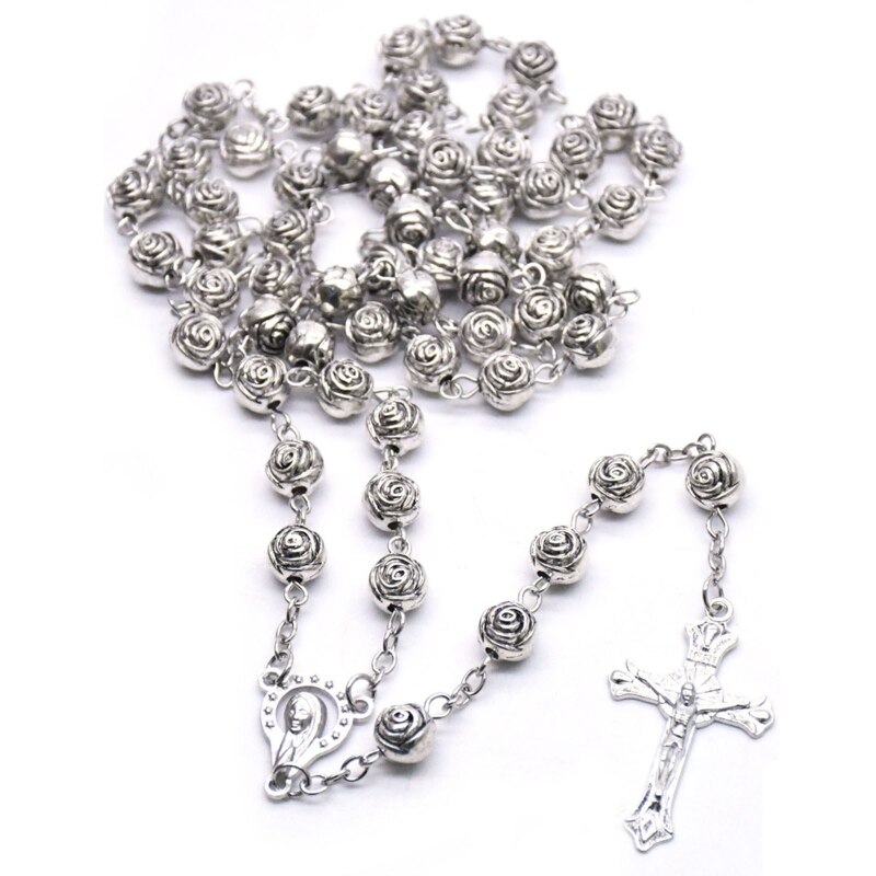 Collier chapelet de perles de prière catholique, en argent, de , Rose de prière du Christ, amour