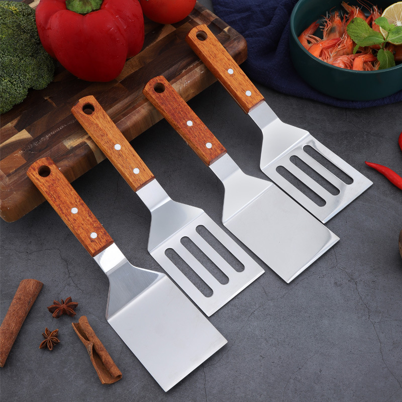 Spatule de cuisson avec manche en bois en acier inoxydable, pelle à frire pour Steak et crêpes, grattoir Teppanyaki, outil de Barbecue, accessoires de cuisine