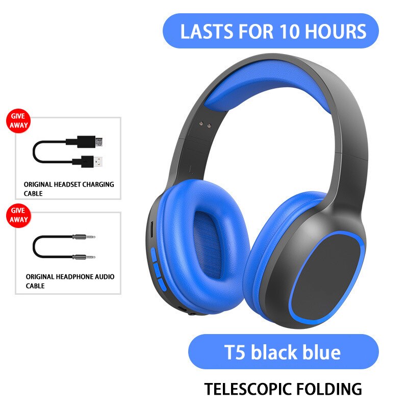 Led 5.0 Bluetooth Oortelefoon Draadloze Hoofdtelefoon Sport Gaming Headset Ruisonderdrukkende Hoofdtelefoon Draadloze Met Mic: T5 black blue