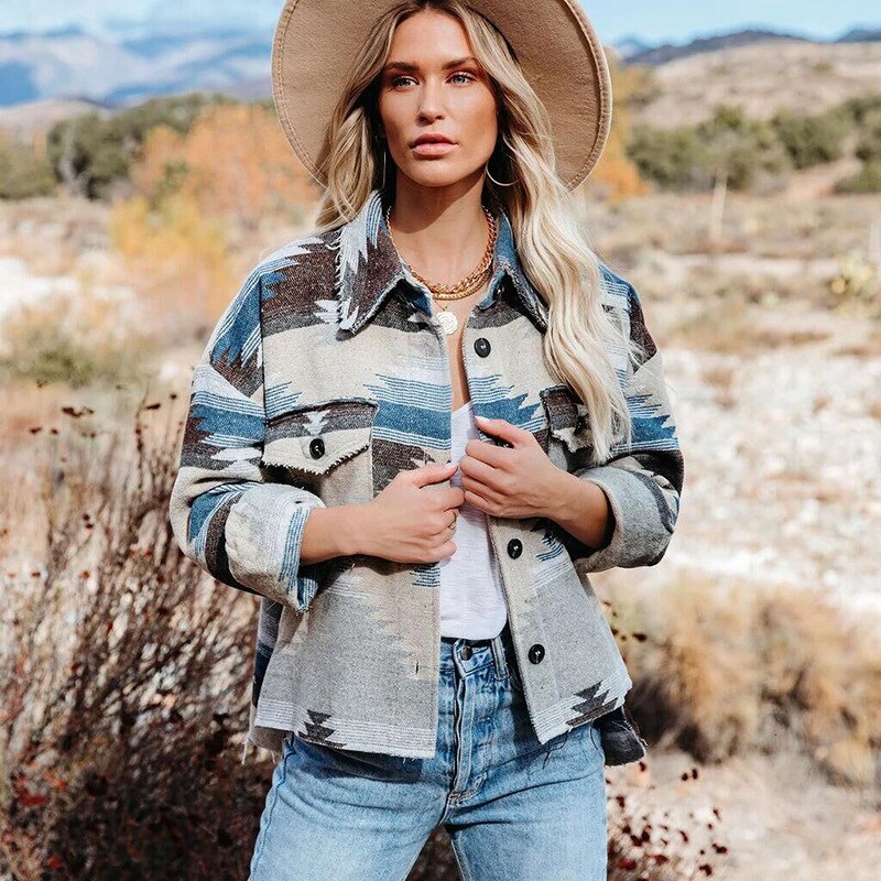 Vintage Jacket Women Splicing Loose Jacket Denim Print Aztec Retro Ethnic Style Long Sleeved Shirt Streetwear Female Goth Coat: grey Blue / S