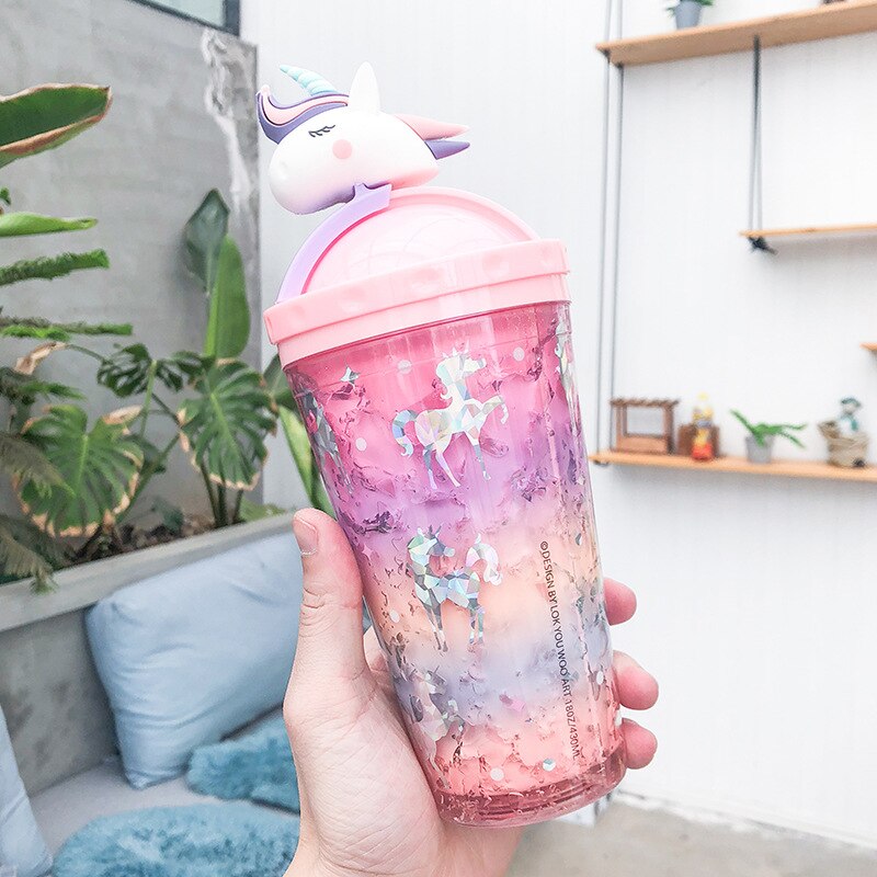 Unicorn Push Cap Plastic Ice Cup Cute Literary Fresh Cartoon Double Straw Cup Students Cup: 3