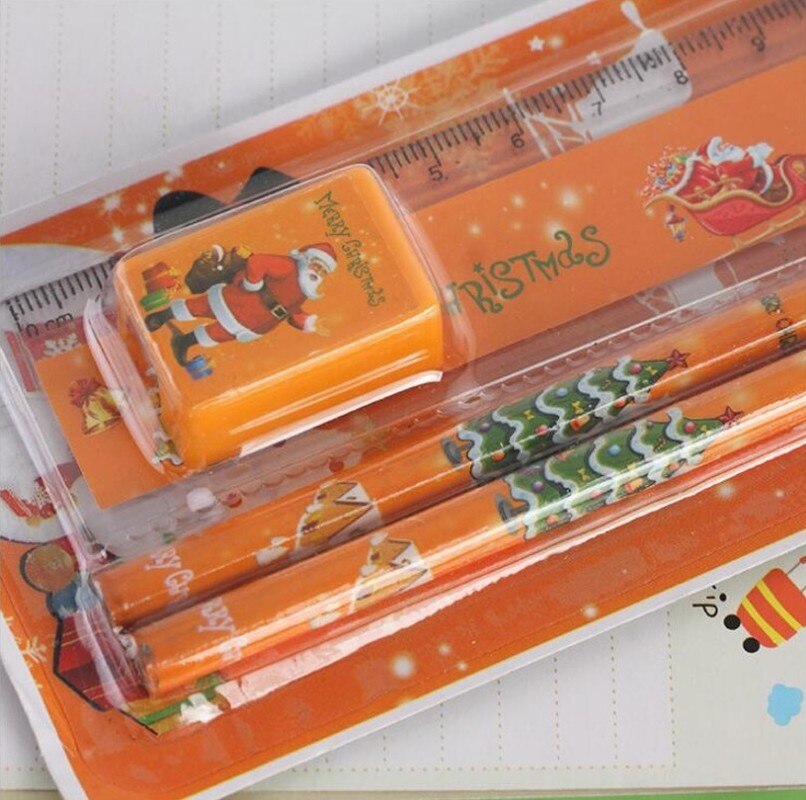 5pcs/set Christmas Series Kids Stationery Students Ruler Pencil Eraser Pencil Sharpener Kit School Rewards Supplies