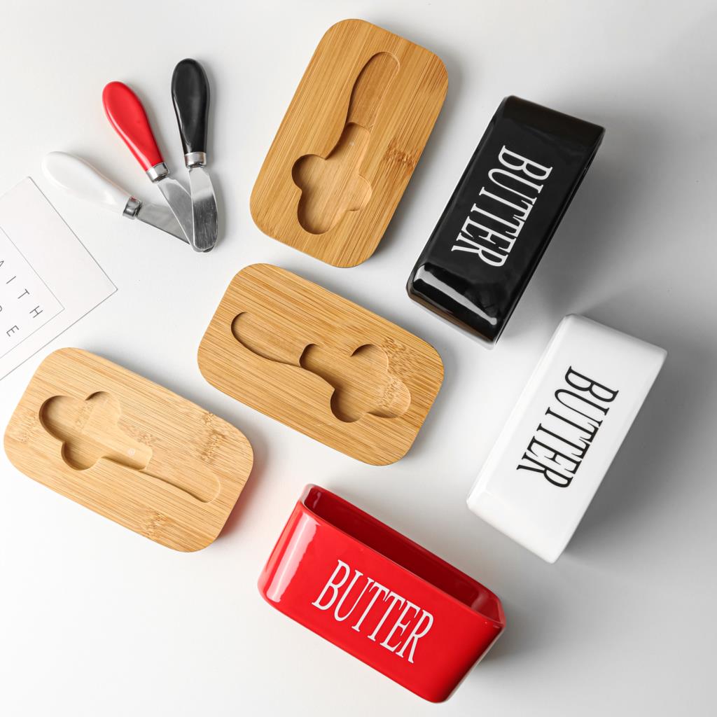 Ceramic Butter Box Cheese Storage Sealing Dish Tray With Wood Lid Knife Food Dish Butter Keeper Tool Plate Container For Kitchen
