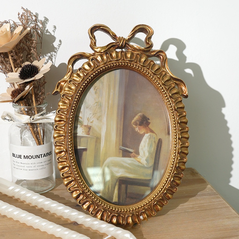 Marco de fotos ovalado vintage con marco de fotos con lazo para colgar en la pared o mesa, ideal para decoración del hogar y exhibiciones de boda