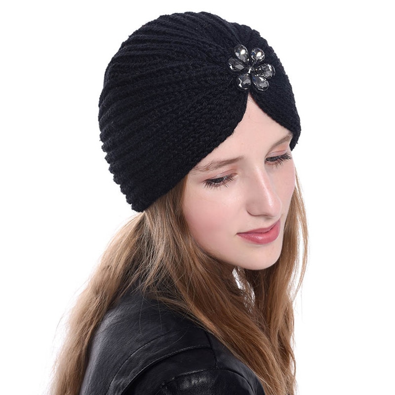 Vinter turban kasket til kvinder boheme style uld strik hijab motorhjelm blomst boremaskine muslim hovedbeklædning indre hijab kasketter