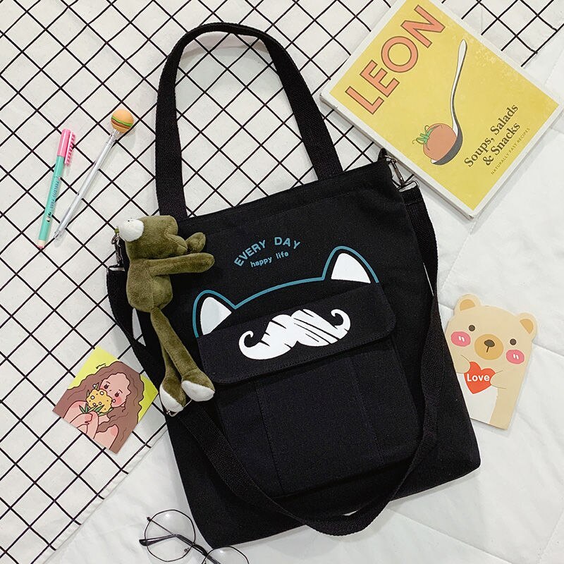 Grote Capaciteit Canvas Tas Schooltas Wilde Vrouwen Crossbody Tassen Cartoons Vrouwen Handtassen Schoudertassen Snor Tote Boodschappentas: Black with Frog