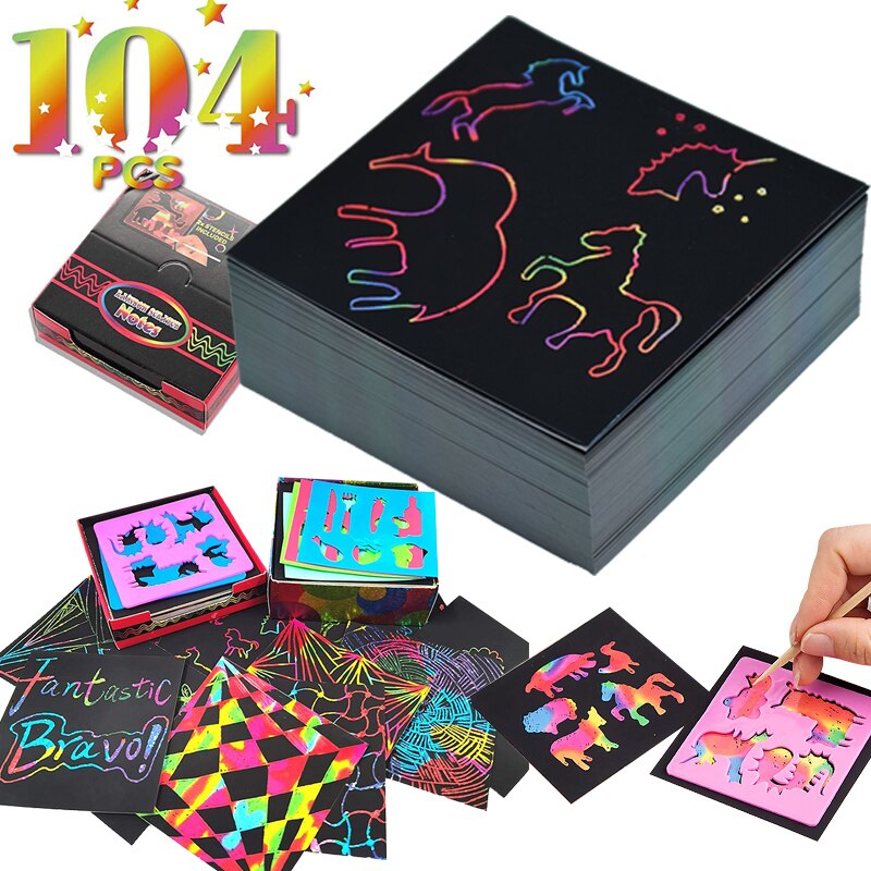 104 pcs mini rainbow scratch paper art craft kits kids diy drawing toy with graffiti stencil stylus scraping painting card