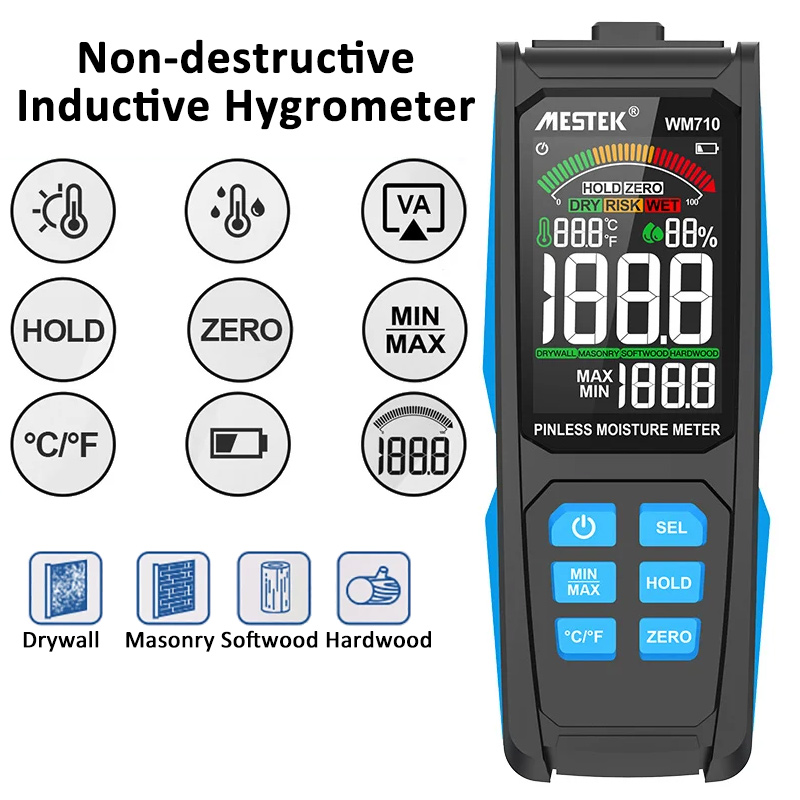 Pinless Digital Wood Moisture Meter Ambient Temp Humidity Test Non-destructive Inductive Hygrometer Wall Timber Damp Detector