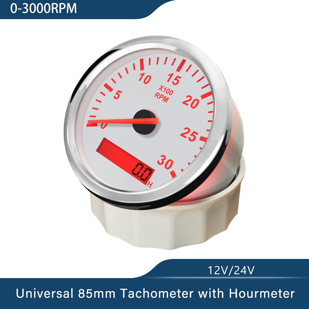3-8K RPM Tachometer Gauge Tach Sensor REV Counter with Hour Meter 85mm Gasoline Diesel 12V 24V Red Backlight Waterproof